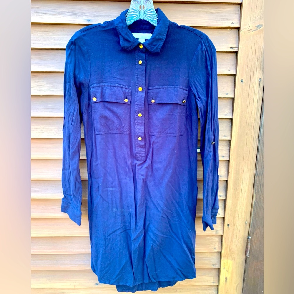 Michael Kors Navy blue shirt dress gold logo buttons adjustable sleeves Women S